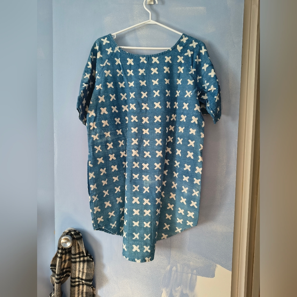 PO-EM Indigo Blue Cross Print Cotton Pullover Dress L - Picture 5 of 6